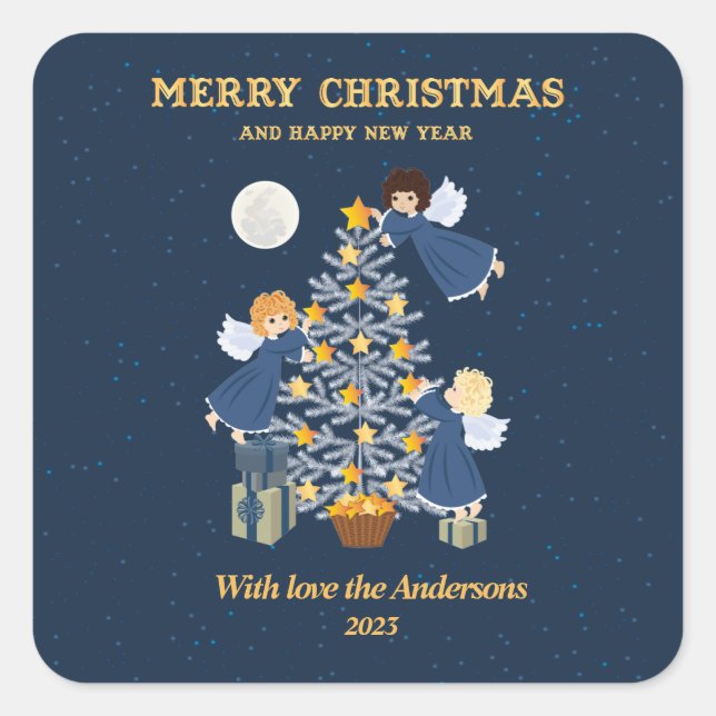 Weihnachtsblauer niedlicher Kinderangelenbaum Quadratischer Aufkleber (Vorderseite)