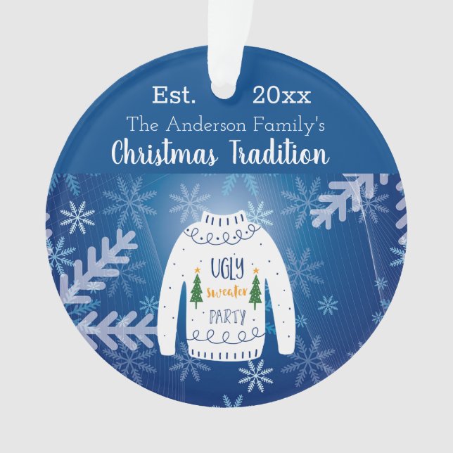 Weihnachtsblauer Party hässlicher Pullover Ornament (Vorderseite)