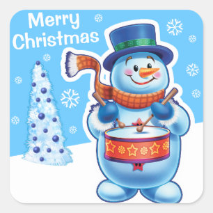 Weihnachtsblauer Quadrat Aufkleber Snowman Schlagz