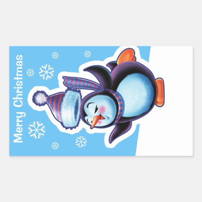 Weihnachtsblauer rechteckiger Aufkleber Pinguin Sk (Vorderseite)