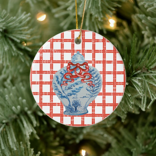 Weihnachtsblauer und weißer Ingwer Jar Keramik Ornament (Baum)