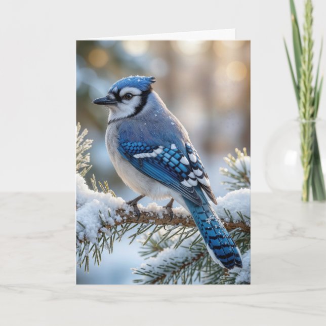 Weihnachtsblauhäher auf einer schneebedeckten Kief Karte (Vorderseite)