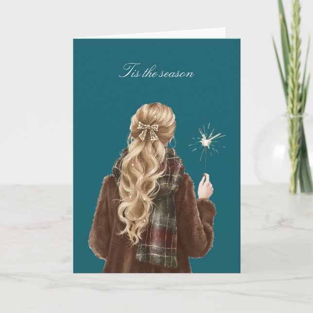 Weihnachtsblondhaar-Mädchen-Funkel-Feier Karte (Vorderseite)
