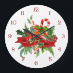 Weihnachtsblume, Ribbon und Candy Cane Große Wanduhr<br><div class="desc">Feierliche Bespielung von Urlaubspflanzen,  Heilige Beeren,  Poinsettia und Zuckerrohr mit rotem Band. Benutzerdefiniertes Ziffernblatt.</div>