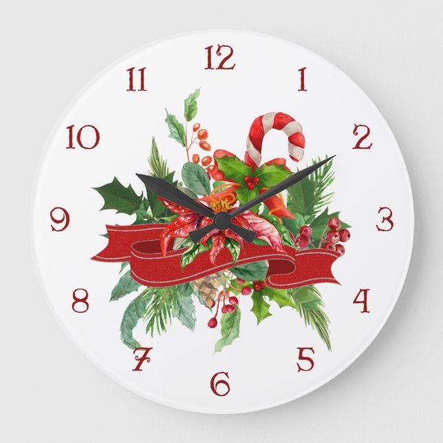 Weihnachtsblume, Ribbon und Candy Cane Große Wanduhr (Vorderseite)