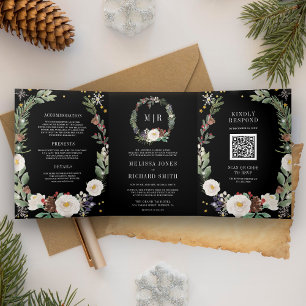 Weihnachtsblumen-Monogramm QR-Code Schwarz Hochzei Dreifach Gefaltete Einladung