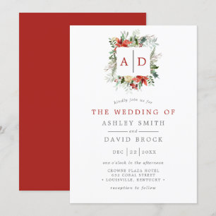 Weihnachtsblumen-Monogramm Rot und Grün Hochzeit Einladung