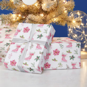 Weihnachtsblumen Rosa Schlittschuhe Geschenkpapier