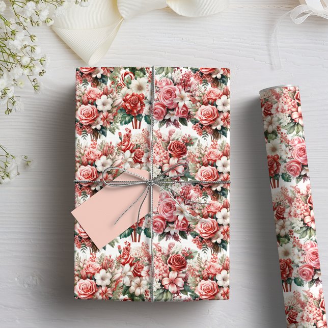 Weihnachtsblumen und Candy Cane Geschenkpapier (Candy Canes and Floral Bouquets Wrapping Paper)