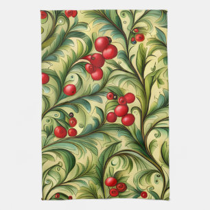 Weihnachtsblumenmuster mit roten Beeren Geschirrtuch