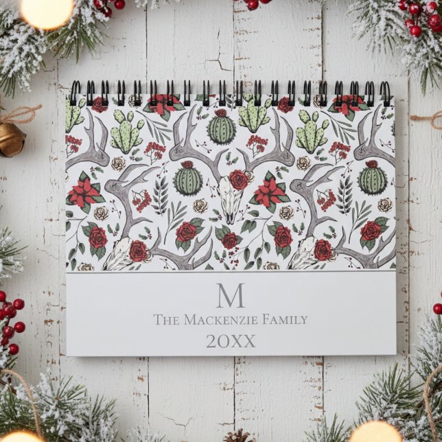 Weihnachtsblumenredeer Hirschschädel Rose Kakteen Kalender (Elegant Rustic Floral Reindeer Skull, Red Roses & Poinsettia Vintage Country Christmas Calendars )