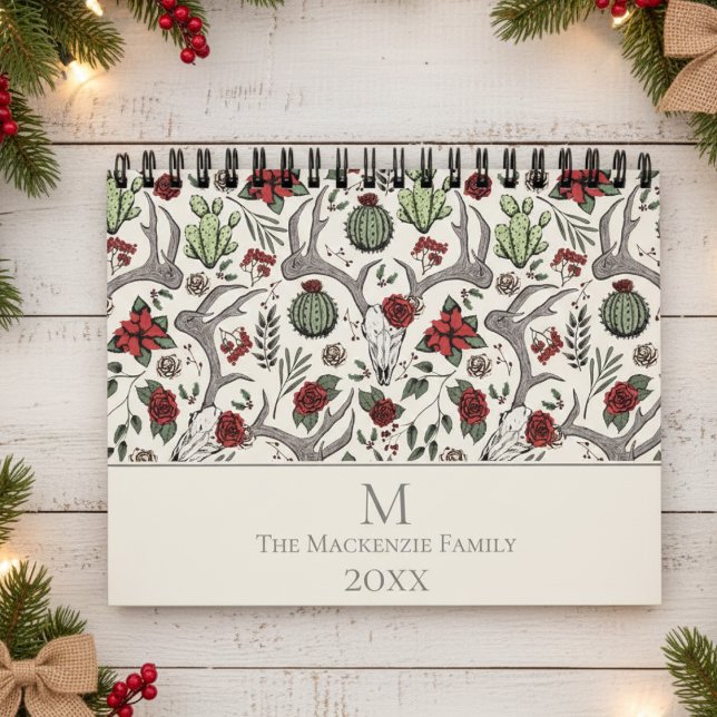 Weihnachtsblumenredeer Hirschschädel Rose Kakteen Kalender (Elegant Rustic Floral Reindeer Skull, Red Roses & Poinsettia Vintage Country Christmas Calendars )