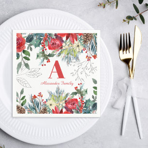 Weihnachtsblütenfamilie mit Monogramm Serviette