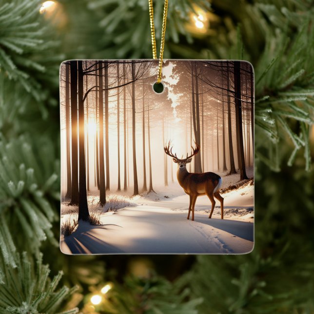 Weihnachtsbock im Winterwald Keramikornament (Baum)