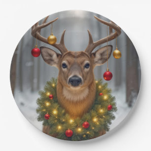Weihnachtsbock mit leuchtendem Kranz Pappteller