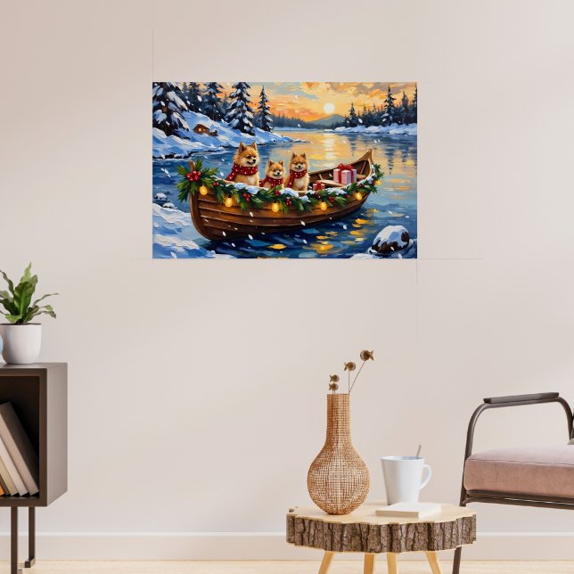 Weihnachtsboot-Feier mit Pomeranian Poster (Wohnzimmer 3)