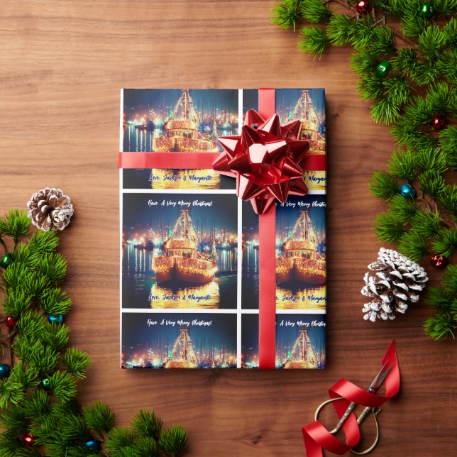 Weihnachtsboot mit goldener Beleuchtung Geschenkpapier (Feiertagsgeschenk)