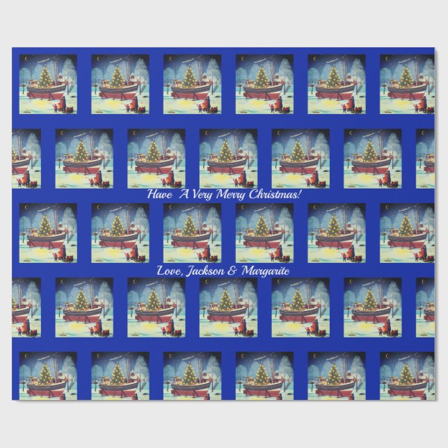 Weihnachtsboot mit Licht und Schnee Geschenkpapier (Flach)