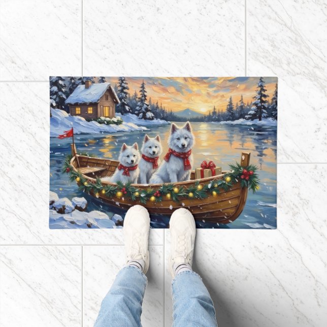 Weihnachtsboot mit weißen Samojeden - Urlaubsfreud Fußmatte (Indoor)