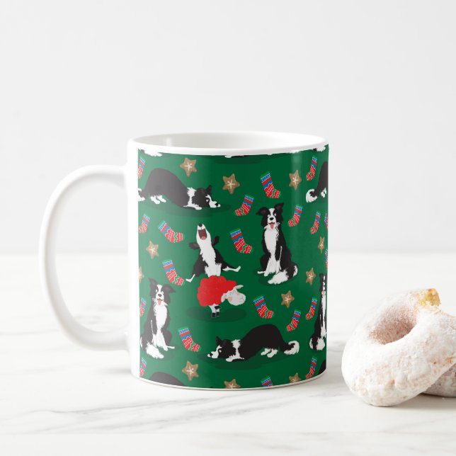Weihnachtsborder Collie grün Kaffeetasse (Mit Donut)