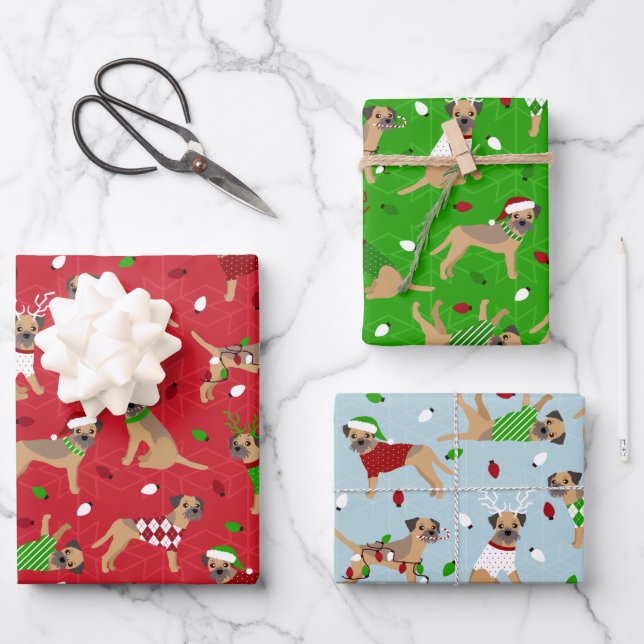 Weihnachtsborder Terrier Geschenkpapier Set (Vorderseite)