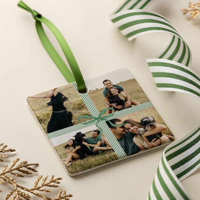 Weihnachtsbow präsentiert Foto Collage Keepake Keramikornament (Christmas Bow Present Photo Collage Keepsake Ceramic Ornament)