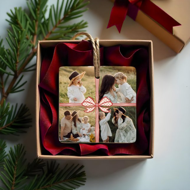 Weihnachtsbow präsentiert vier Collage Keepake Keramikornament (Christmas Bow Present Four Photo Collage Keepsake Ceramic Ornament)