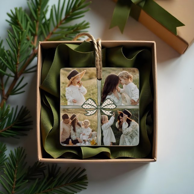 Weihnachtsbow präsentiert vier Collage Keepake Keramikornament (Christmas Bow Present Four Photo Collage Keepsake Ceramic Ornament)