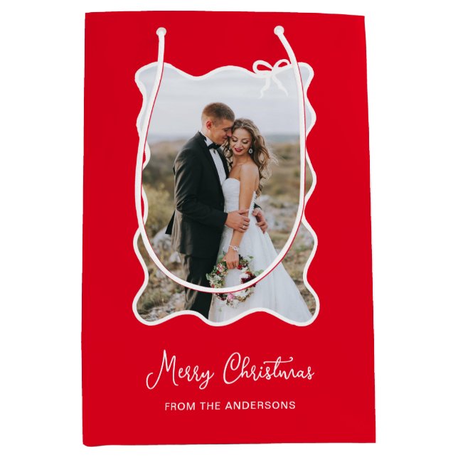 Weihnachtsbow | Wavy Red and White Foto Frame Mittlere Geschenktüte (Vorderseite)
