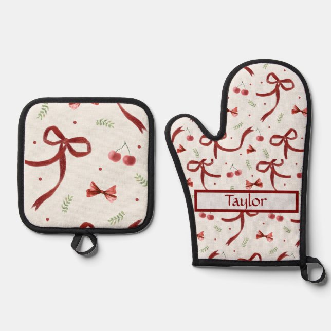 Weihnachtsbows All-over-Print-Schürze, Mittel Ofenhandschuh & Topflappen-Set (Vorderseite)
