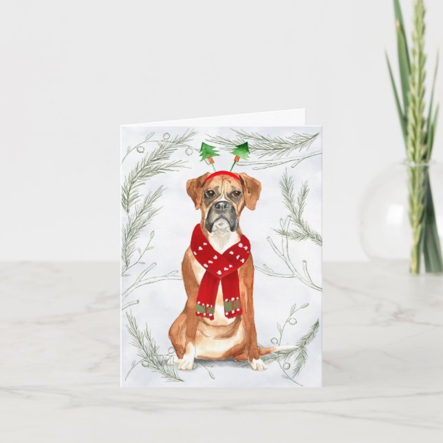 Weihnachtsboxer Hund und Botanische Kiefern Feiertagskarte (Vorderseite)