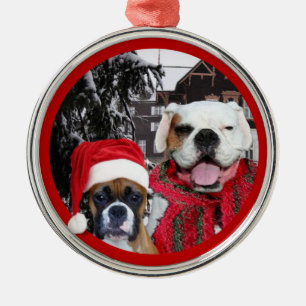 Weihnachtsboxer verfolgt erstklassige runde silbernes ornament