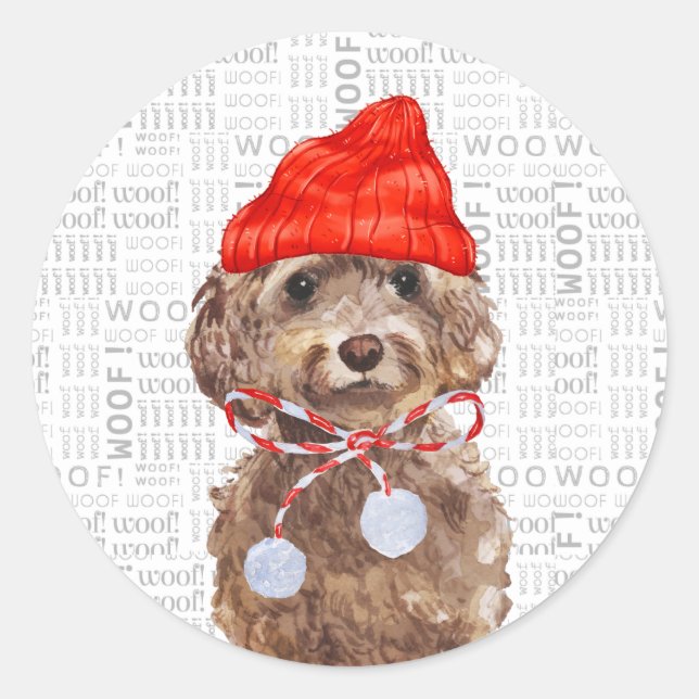 Weihnachtsbräune Cockapoo Dog Wasserfarbe Santa Ma Runder Aufkleber (Vorderseite)