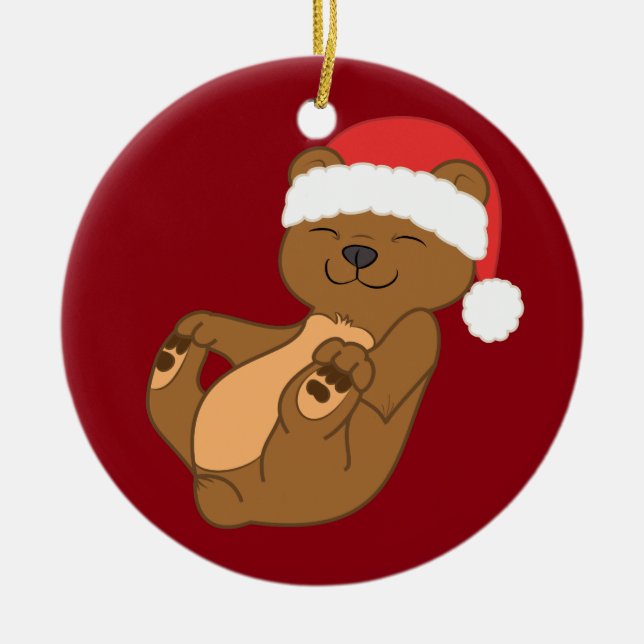 Weihnachtsbrown-Bär mit roter Weihnachtsmannmütze Keramikornament (Vorne)