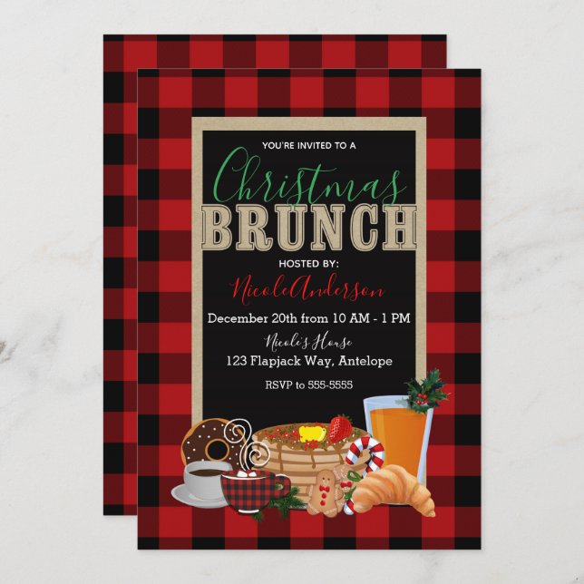 Weihnachtsbrunch Rustic Red Black Buffalo Kariert Einladung (Vorne/Hinten)