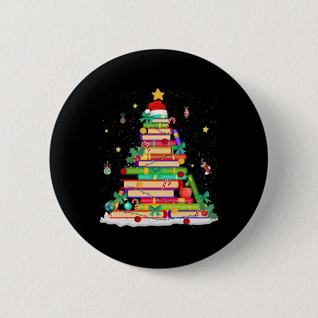 Weihnachtsbuch Bibliothek Baum Lichter Lustiger Bi Button (Vorderseite)