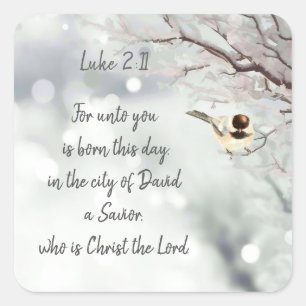 Weihnachtsbuch Luke 2:11 Winter Chickadee Quadratischer Aufkleber