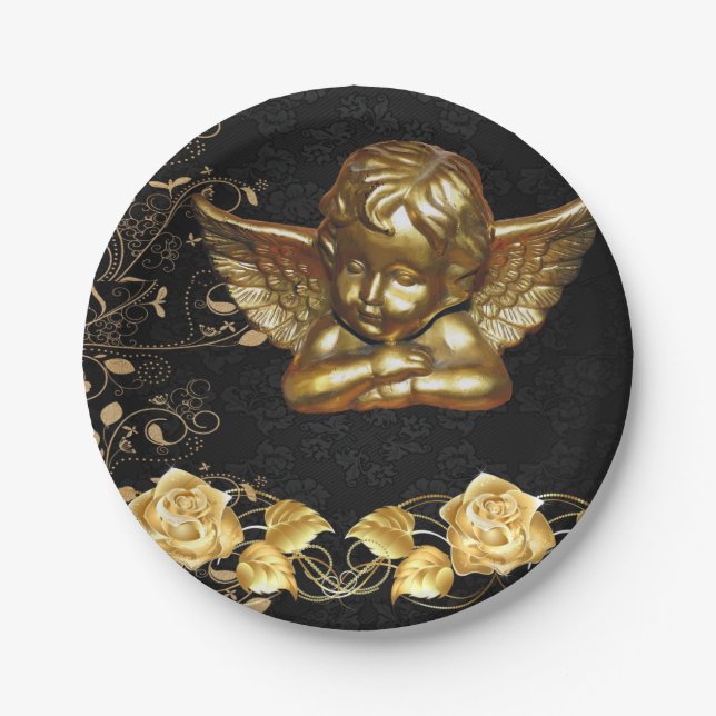 Weihnachtsbuch-Teller, Frohe Weihnachts-Gold-Engel Pappteller (Vorderseite)