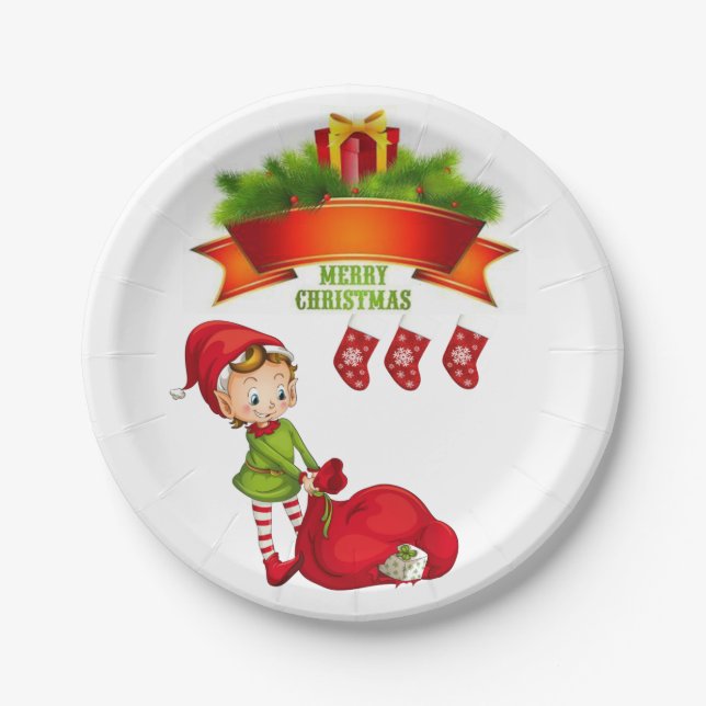 Weihnachtsbuch-Teller, Frohe Weihnachtself Pappteller (Vorderseite)