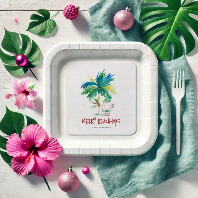 Weihnachtsbuch-Teller Niedlich Tropical Beach Pappteller (Tropical Christmas paper plates beach-mrs watercolor palm tree and Santa on the beach)