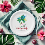 Weihnachtsbuch-Teller Niedlich Tropical Beach Pappteller<br><div class="desc">Diese kleinen Weihnachtszeitung-Teller sind mit einer hübschen Palme und dem Santa am Strand ausgestattet. Die Worte "Merry Beach-mas" erscheinen in handgeschriebener Typografie. Verwenden Sie die Vorlagenfelder, um Ihren benutzerdefinierten Text hinzuzufügen. Bestellen Sie kleine Mengen oder Teller in loser Schüttung. Eine festliche Wahl für ein Weihnachtsfest am Strand oder für Ihr...</div>
