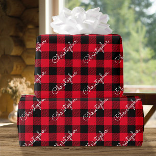 Weihnachtsbüffalo Karierter Individuelle Name Rust Geschenkpapier