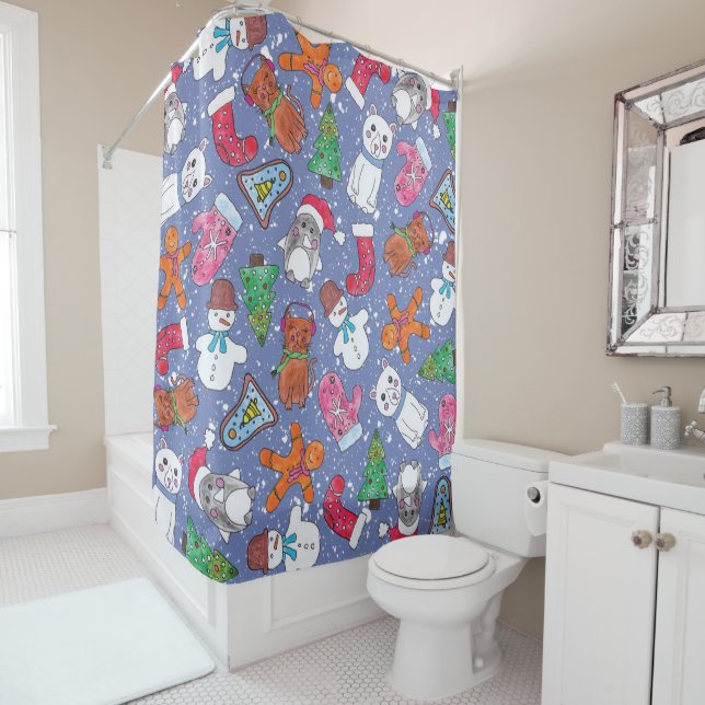 Weihnachtscharaktere handgemalt im Aquarell Duschvorhang (Beispiel)