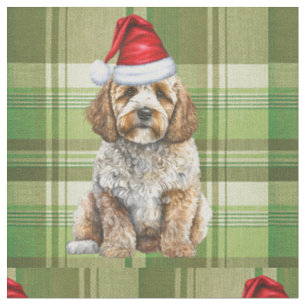 Weihnachtscockapoo Hund und Grüner Karierter Urlau Stoff
