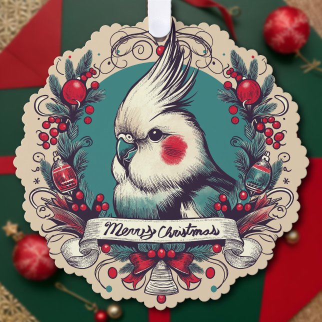 Weihnachtscockatiel Holiday Wreath Pet Bird Name Ornament Karte (Nostalgic Cockatiel portrait framed by a red & teal holiday wreath in charming vintage style.)