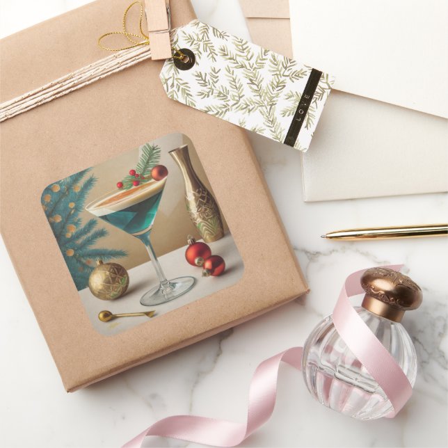 Weihnachtscocktail Party Happy Hour Quadratischer Aufkleber (Schenken)