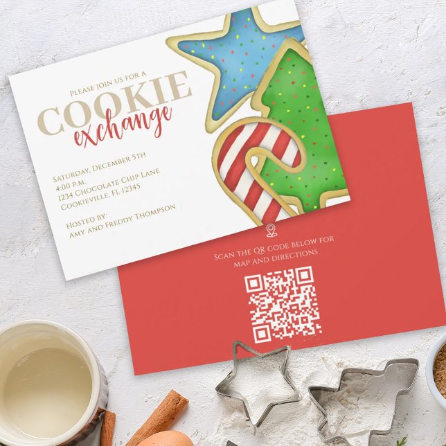 Weihnachtscookies Weiße QR-Code-Karte Einladung (Christmas whimsical colorful cookie cutout invitation with watercolor cute cookies. )