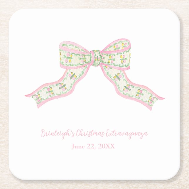 Weihnachtscoquette Pink Green Bow Rechteckiger Pappuntersetzer (Vorderseite)