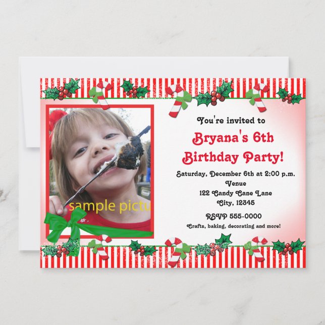 Weihnachtscreme Cane Custom Foto Party Einladung (Vorderseite)