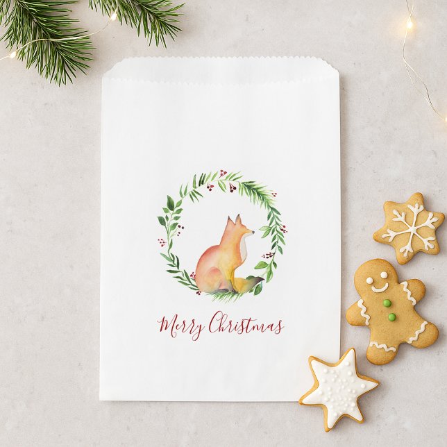 Weihnachtscreme Geschenktütchen (Flat lay of a favor bag featureing a watercolor fox and Merry Christmas)